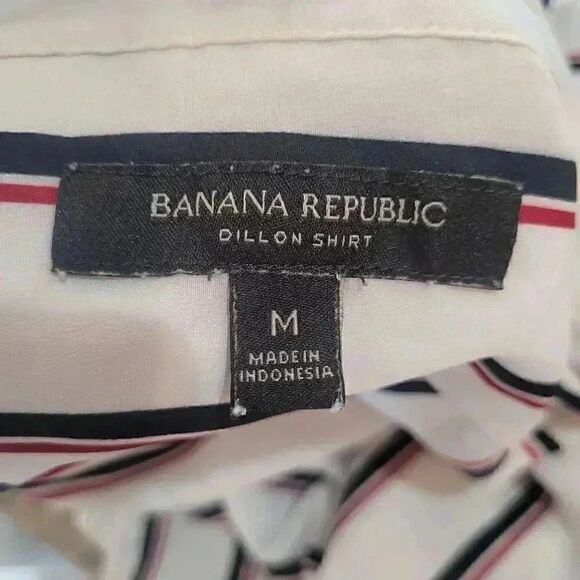 Banana Republic Women's White/Navy/Red Striped Poly Button Down Dillon Shirt - Picture 6 of 10